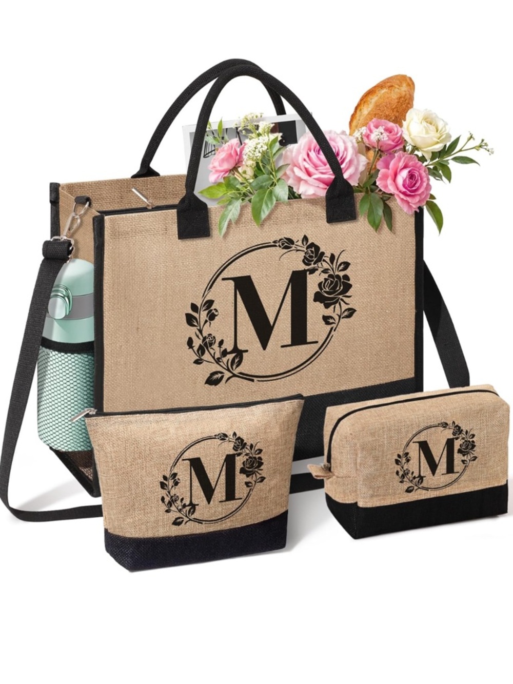 Monogram M Jute Tote Bag with Black Trim